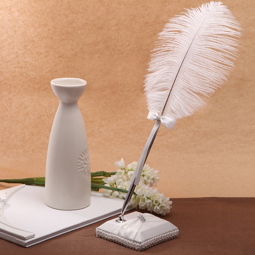 KateMelon Wedding Accessories Feather Pen with Holder, White