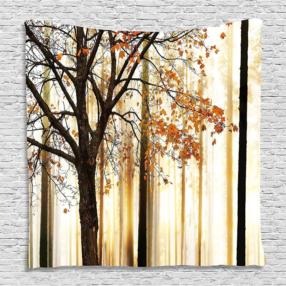 Ambesonne Autumn Tapestry, Picture of a Lonely Tree Leaves on an Abstract Woodland Background Print, Wall Hanging for Bedroom Living Room Dorm Decor, 40" X 60", Orange Brown