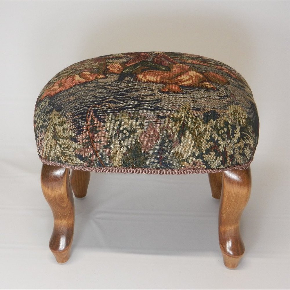 Chicago Stool and Ottoman Co Queen Anne Pictorial Tapestry Footstools (Fly Fishing)