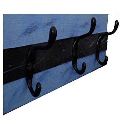 Designer Wood/Wooden/Metal Coat Rack Stripes - 16" - 3 Hooks - Blue/Black Distressed - Decorative Distressed Vintage Wall Wooden Rustic Coat/Hat Display/Rack