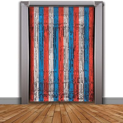Forum Novelties Tinsel Fringe Curtain, 3 feet x 8 feet, Red/Silver/Blue