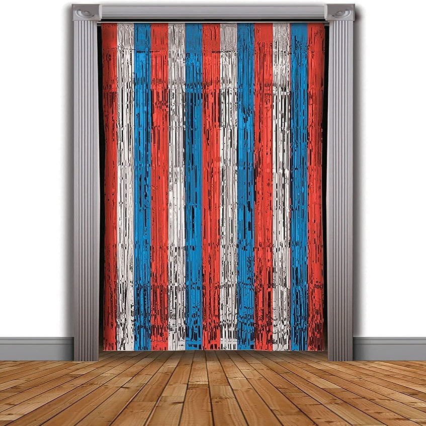 Forum Novelties Tinsel Fringe Curtain, 3 feet x 8 feet, Red/Silver/Blue