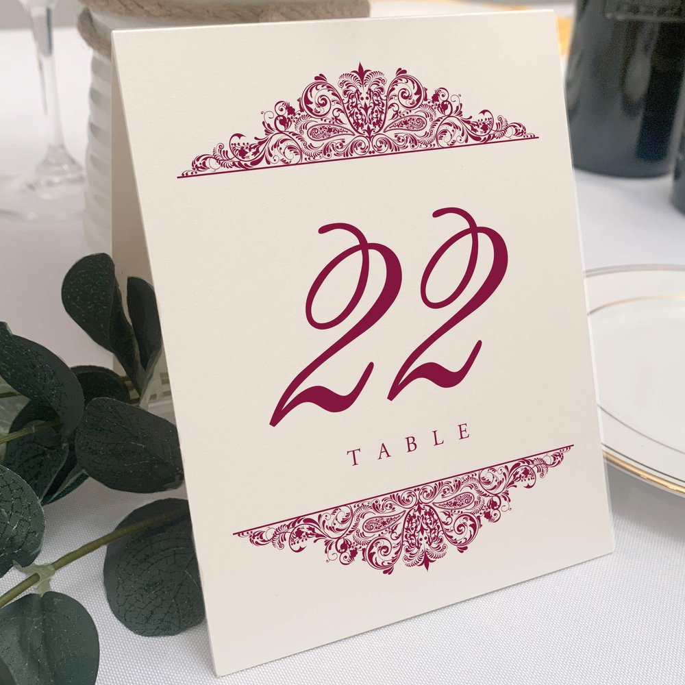 Paisley Wedding Table Numbers (Select Color/Quantity), Champagne, Burgundy, 1-75, Double Sided, Tent or Use in a Stand, Great for Parties & Restaurants - Made in the USA