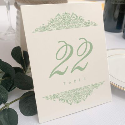 Paisley Wedding Table Numbers (Select Color/Quantity), Champagne, Sage, 1-75, Double Sided, Tent or Use in a Stand, Great for Parties & Restaurants - Made in the USA