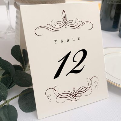 Decadent Flourish Wedding Table Numbers (Select Color/Quantity), Champagne, Chocolate, 1-55, Double Sided, Tent or Use in a Stand, Great for Parties & Restaurants