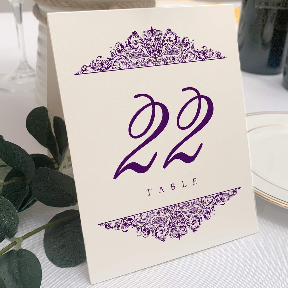 Paisley Wedding Table Numbers (Select Color/Quantity), Champagne, Eggplant, 1-55, Double Sided, Tent or Use in a Stand, Great for Parties & Restaurants - Made in the USA