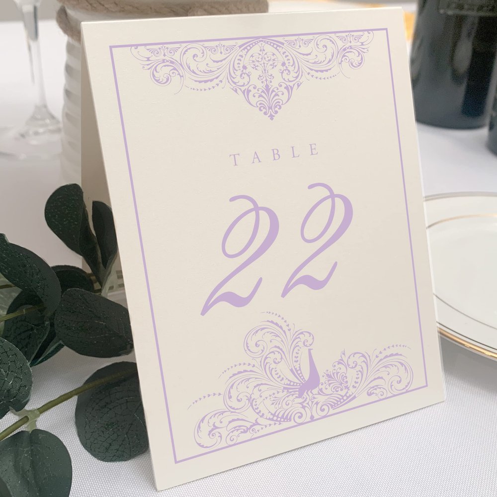 Peacock Flourish Wedding Table Numbers (Select Color/Quantity), Champagne, Lavender, 1-65, Double Sided, Tent or Use in a Stand, Great for Parties & Restaurants - Made in the USA