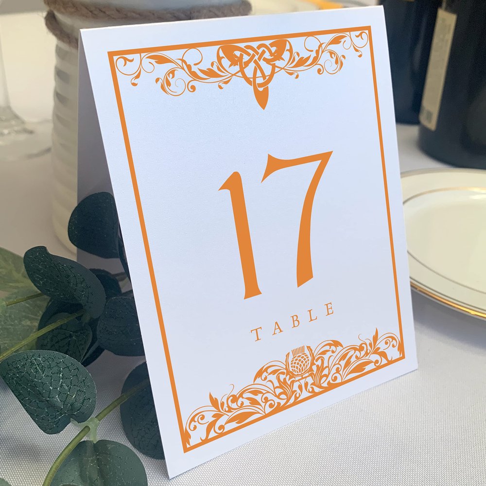 Scottish Thistle Wedding Table Numbers (Select Color/Quantity), White, Orange, 1-55, Double Sided, Tent or Use in a Stand, Great for Parties & Restaurants - Made in the USA