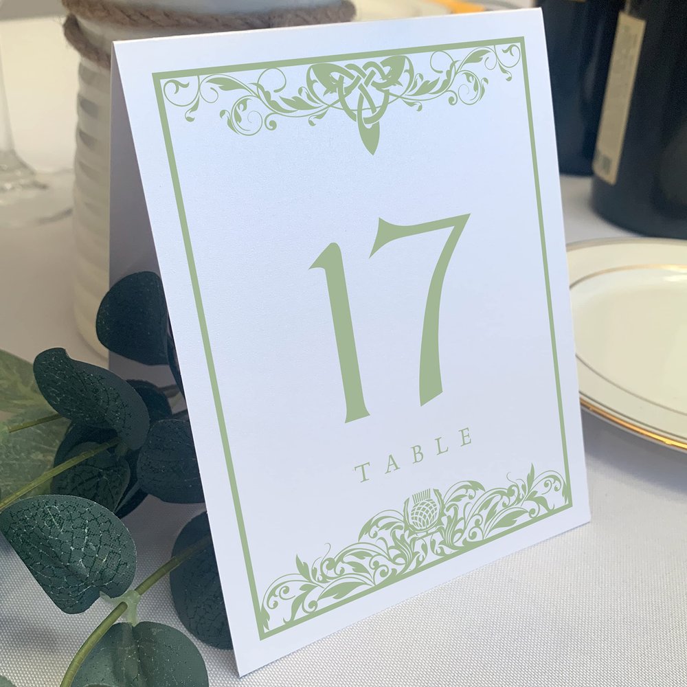Scottish Thistle Wedding Table Numbers (Select Color/Quantity), White, Sage, 1-75, Double Sided, Tent or Use in a Stand, Great for Parties & Restaurants - Made in the USA
