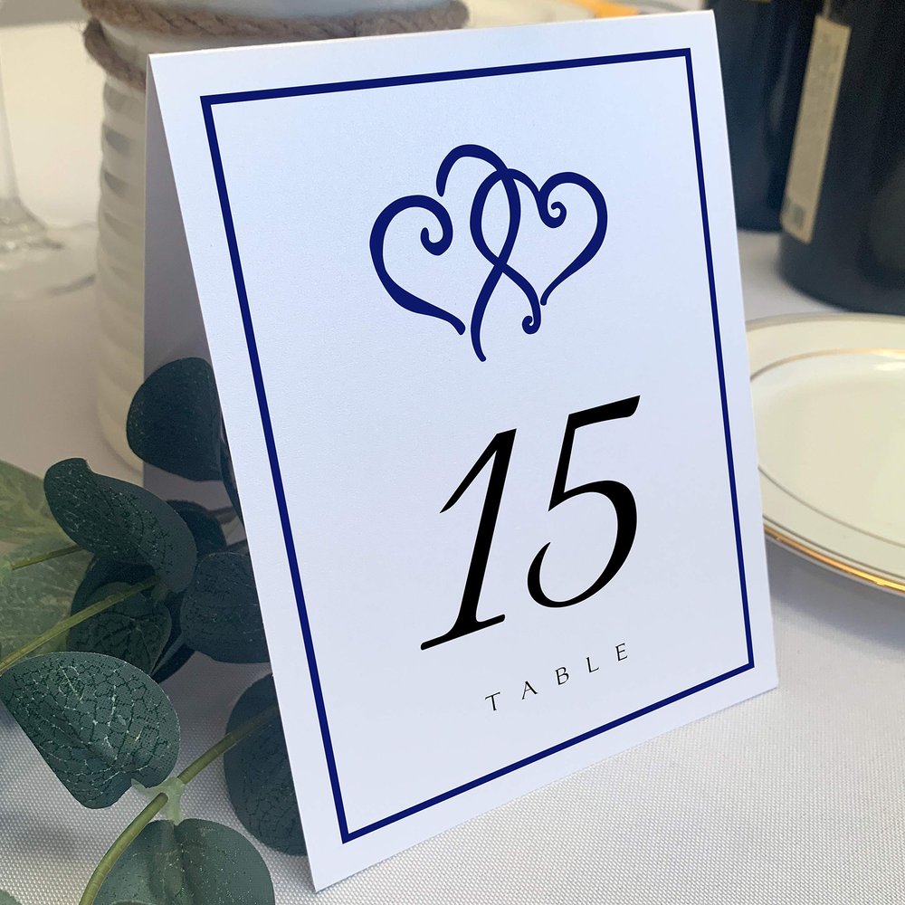 Linked Hearts and Border Wedding Table Numbers (Select Color/Quantity), White, Navy, 1-75, Double Sided, Tent or Use in a Stand, Great for Parties & Restaurants