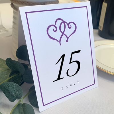 Linked Hearts and Border Wedding Table Numbers (Select Color/Quantity), White, Purple, 1-70, Double Sided, Tent or Use in a Stand, Great for Parties & Restaurants