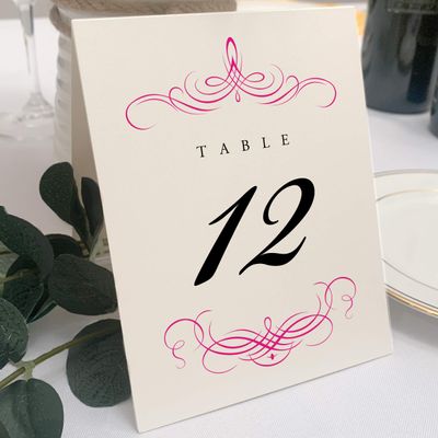 Decadent Flourish Wedding Table Numbers (Select Color/Quantity), Champagne, Fuschia, 1-75, Double Sided, Tent or Use in a Stand, Great for Parties & Restaurants - Made in the USA