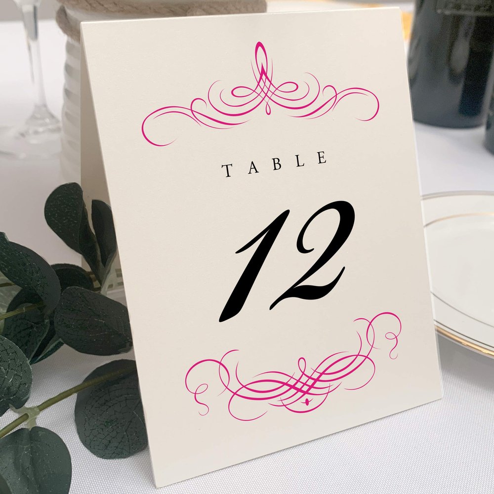 Decadent Flourish Wedding Table Numbers (Select Color/Quantity), Champagne, Fuschia, 1-75, Double Sided, Tent or Use in a Stand, Great for Parties & Restaurants - Made in the USA