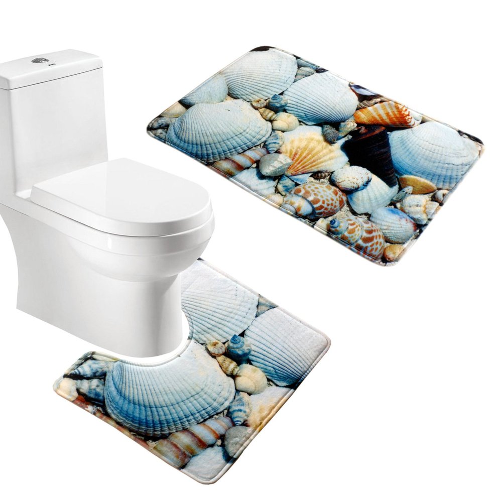 Amagical 2 Piece Bath Mat Set Colorful Seashell Toilet Rug Bathroom Contour Mat U-Shaped Mat