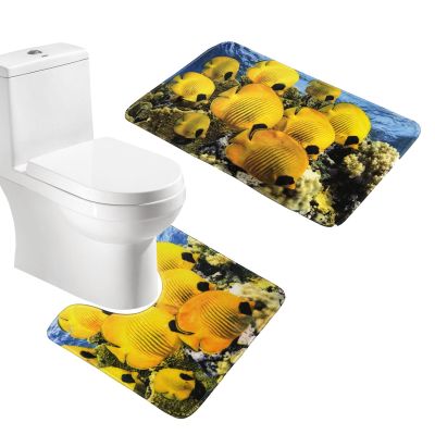 2 Piece Bath Mat Set Toilet Rug Bathroom Contour Mat Non Slip (Yellow)