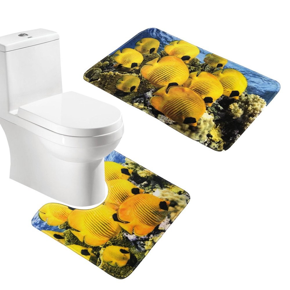 2 Piece Bath Mat Set Toilet Rug Bathroom Contour Mat Non Slip (Yellow)