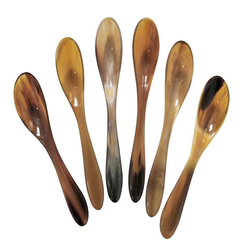 Marycrafts Set of 6 Buffalo Horn Caviar Spoons with Round Handle (Light Shade)