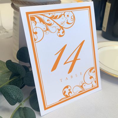 Scribble Vintage Swirl Wedding Table Numbers (Select Color/Quantity), White, Orange, 1-65, Double Sided, Tent or Use in a Stand, Great for Parties & Restaurants