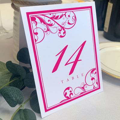 Scribble Vintage Swirl Wedding Table Numbers (Select Color/Quantity), White, Fuschia, 1-75, Double Sided, Tent or Use in a Stand, Great for Parties & Restaurants