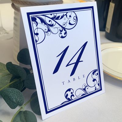 Scribble Vintage Swirl Wedding Table Numbers (Select Color/Quantity), White, Navy, 1-55, Double Sided, Tent or Use in a Stand, Great for Parties & Restaurants