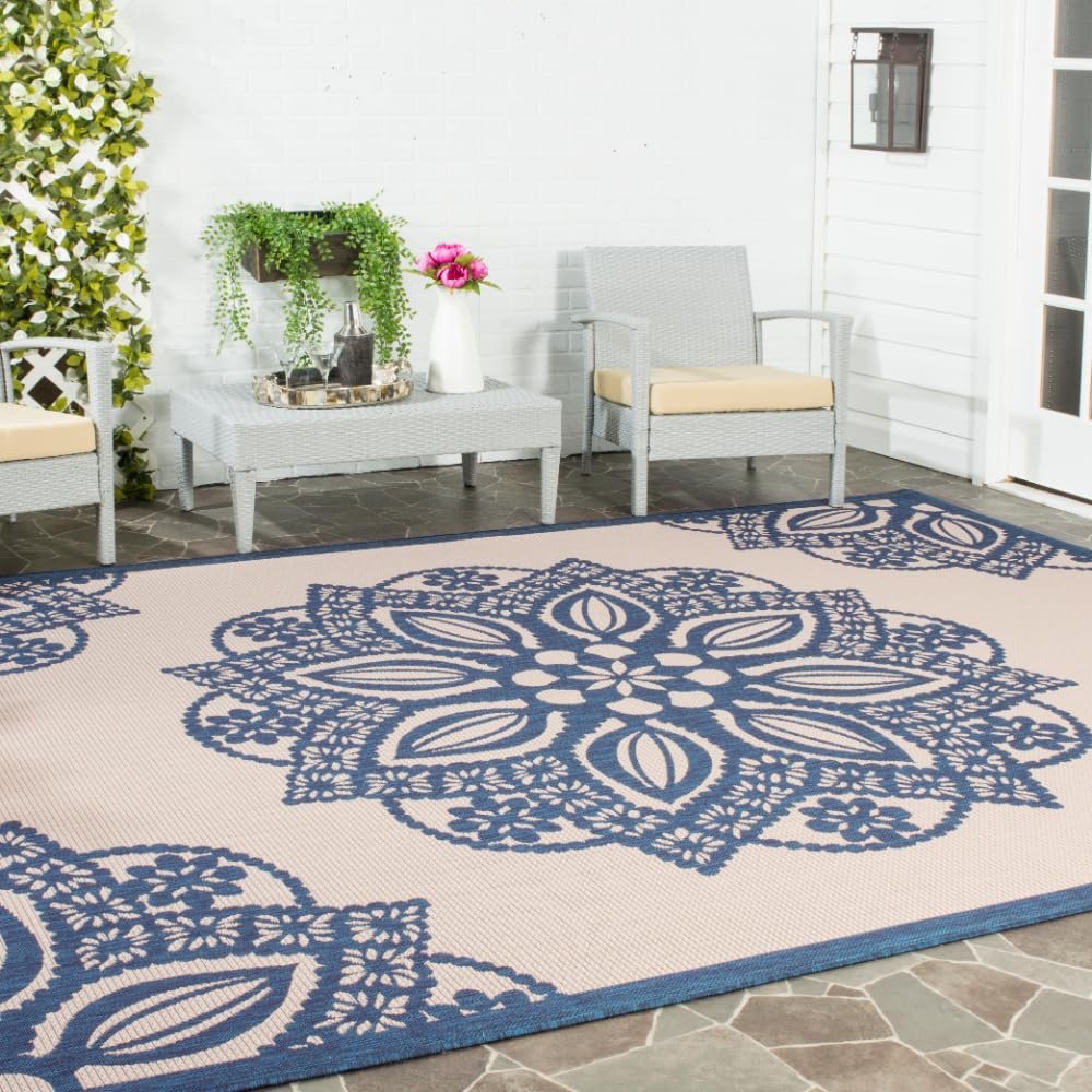 SAFAVIEH Washable Rug Outdoor Courtyard Collection - 9' x 12', Beige & Navy, Non-Shedding & Easy Cleaning, Ideal for Patio, Backyard, Mudroom (CY6139-258)