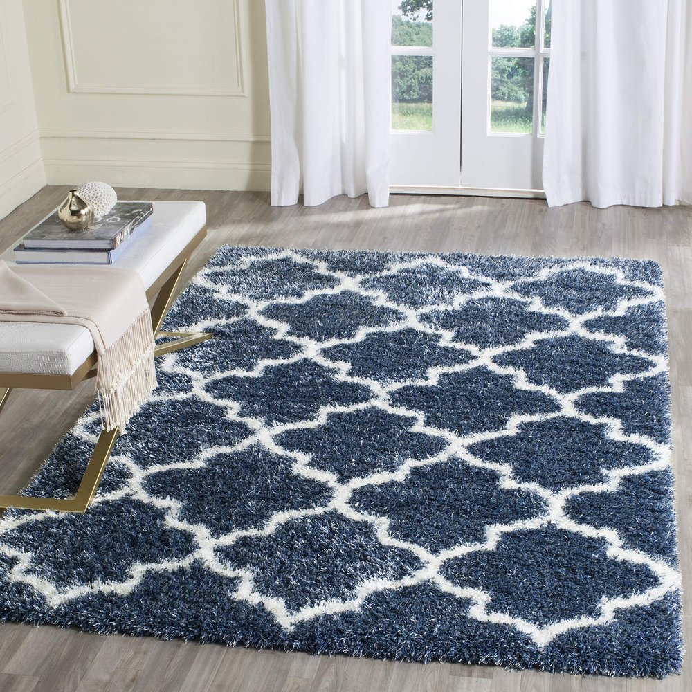 SAFAVIEH Area Rug 8x10 - Montreal Shag Collection - Large - Blue & Ivory, Trellis Pattern, Non-Shedding & Easy Cleaning, Ultra Plush Thick Pile, Ideal for Living Room, Bedroom, Dining Space (SGM832A)
