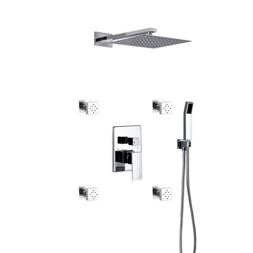 Aqua Piazza Brass Shower Set W/ 12 Square Rain Shower, Handheld And 4 Body Jets