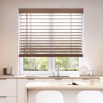 DEZ FURNISHINGS Cordless 2" Faux Wood Blind, 55" W x 48" H, Dark Oak