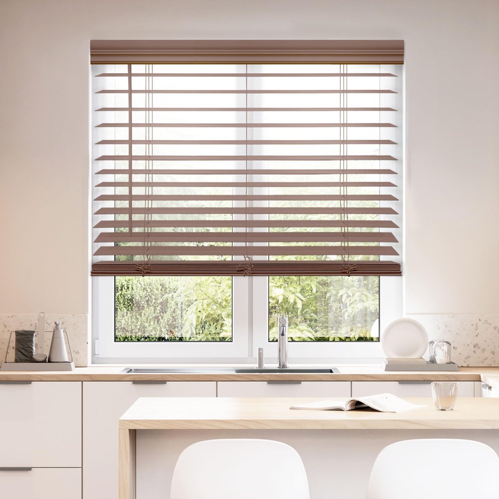 DEZ FURNISHINGS Cordless 2" Faux Wood Blind, 55" W x 48" H, Dark Oak
