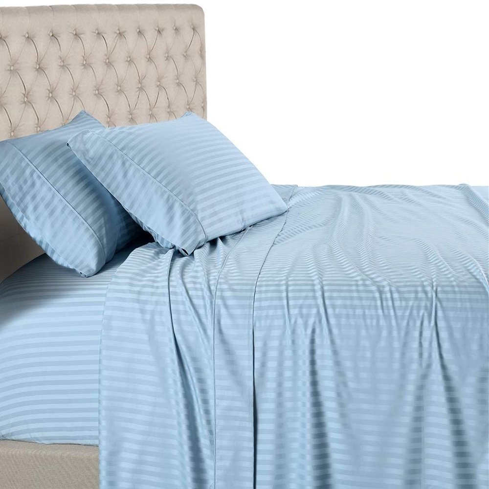 26-30 inches Extra Fit Deep Pocket Hotel Finish Adjustable Room 1-Piece- Fitted- Sheet Both Pattern Solid/Stripe 500 Thread Count 100% Pima Cotton (Full, Stripe, Sky Blue).
