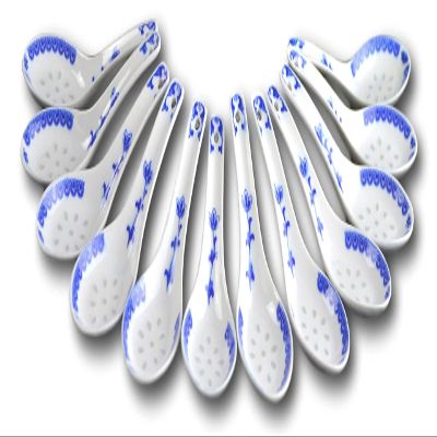 12 Pcs Blue and White Porcelain Rice Pattern Soup and Tea Spoons for Table and Dessert
