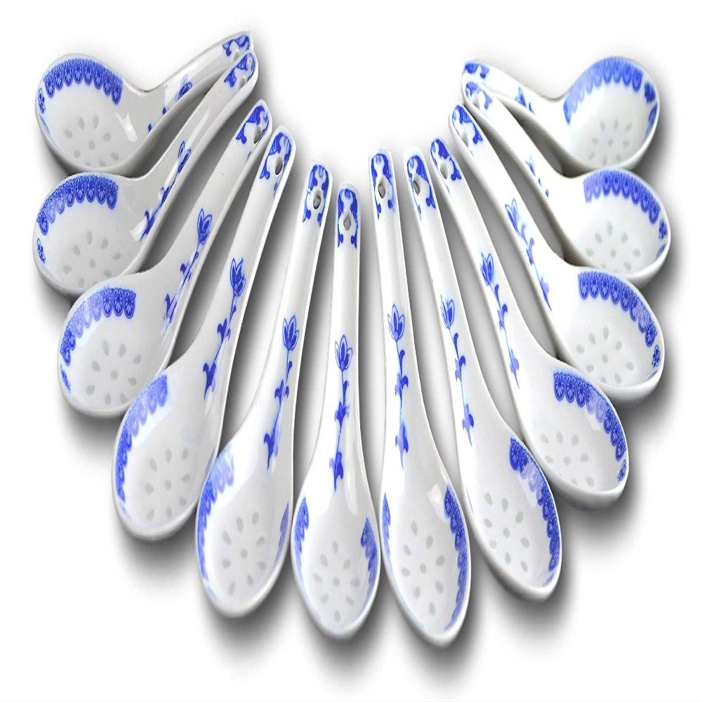 12 Pcs Blue and White Porcelain Rice Pattern Soup and Tea Spoons for Table and Dessert