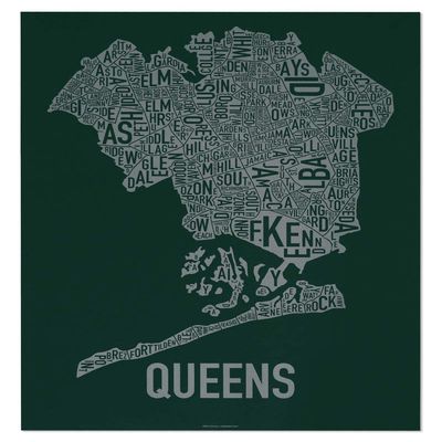 Ork Posters Queens Neighborhoods Map Art Screen Print, Green & Grey, 18" x 24"