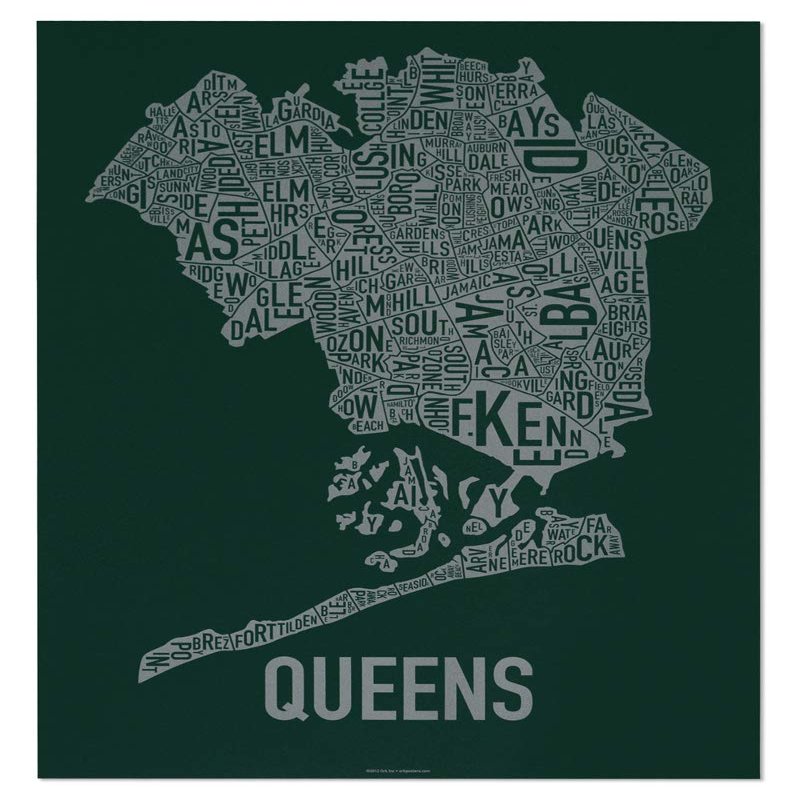 Ork Posters Queens Neighborhoods Map Art Screen Print, Green & Grey, 18" x 24"