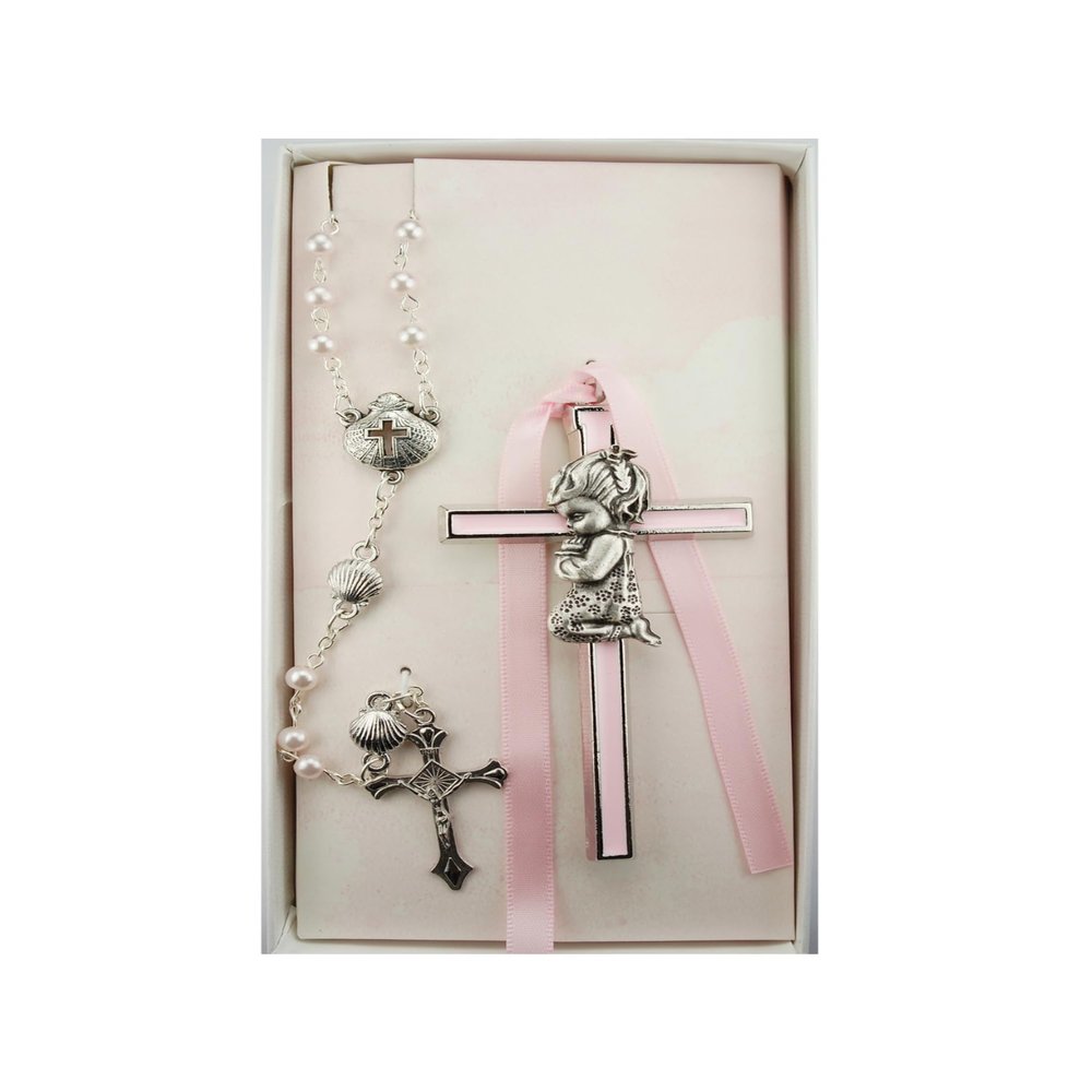 Pink Crib Cross and Pink Rosary Set Boxed