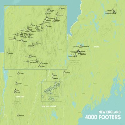 New England 4000 Footers Map 18x24 Poster (Green & Aqua)