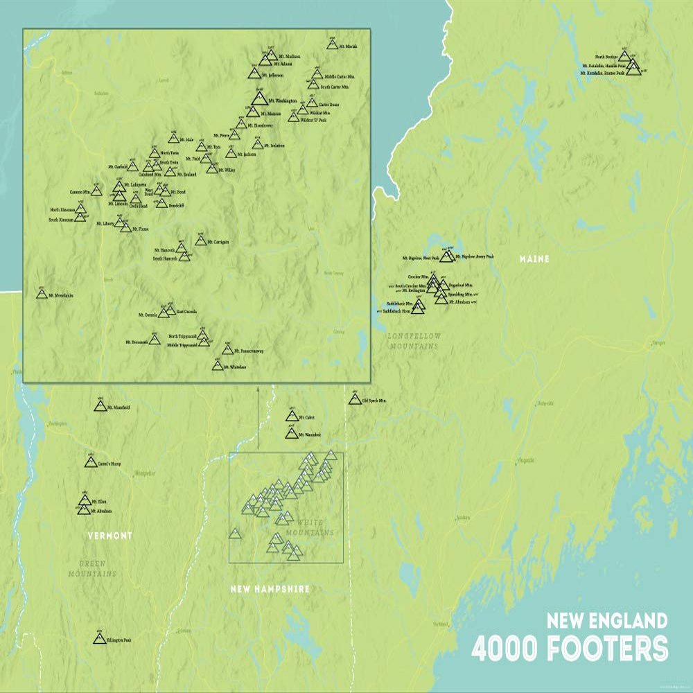 New England 4000 Footers Map 18x24 Poster (Green & Aqua)
