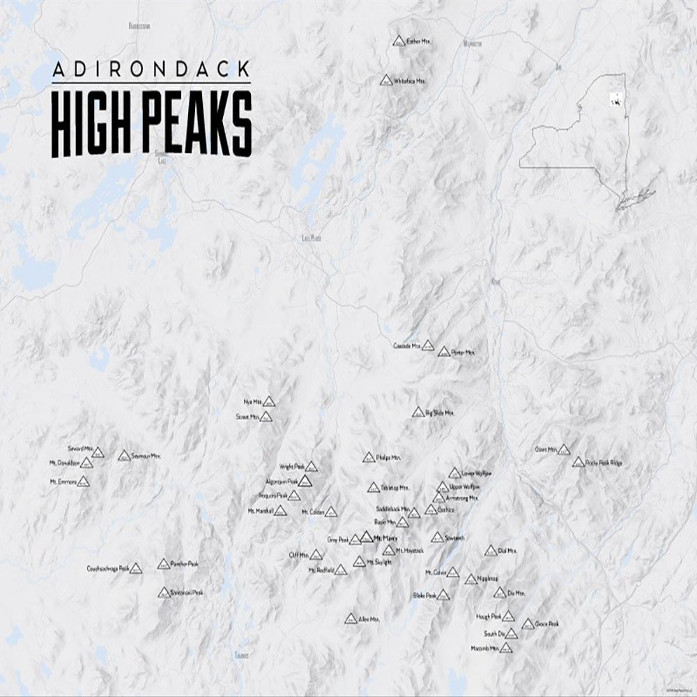 Adirondack High Peaks Checklist Map 18x24 Poster (Gray)