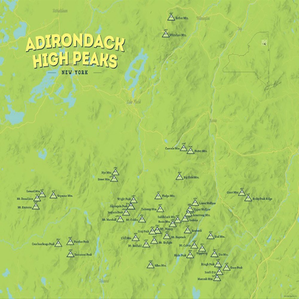 Adirondack High Peaks Checklist 18x24 Poster (Bright Green)
