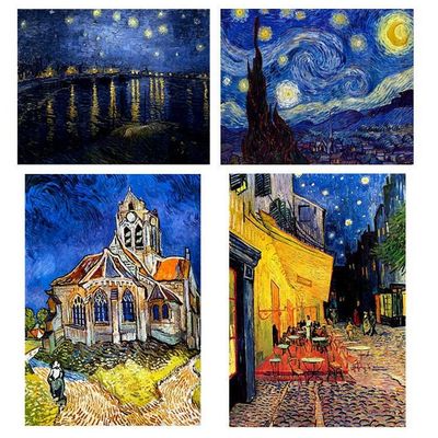 Alonline Art - Starry Night Church Rhone Cafe Set 4 by Vincent Van Gogh | Print on Wall Sticker Vinyl Decal (Rolled) | 21"x16" - 54x41cm | Set of 4 Lot | Wall Art Home Decor for Nursery HD Artwork