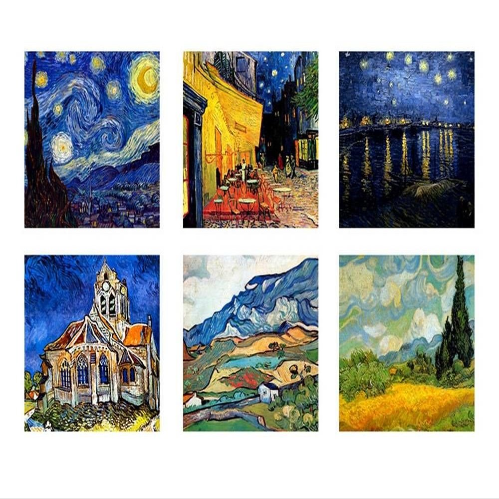 Alonline Art - Starry Night Cafe Church Alpes Set 6 by Vincent Van Gogh | print on wall sticker vinyl decal (Rolled) | 12"x12" - 30x30cm | Set of 6 Lot | Wall art home decor for bedroom wallpaper HD