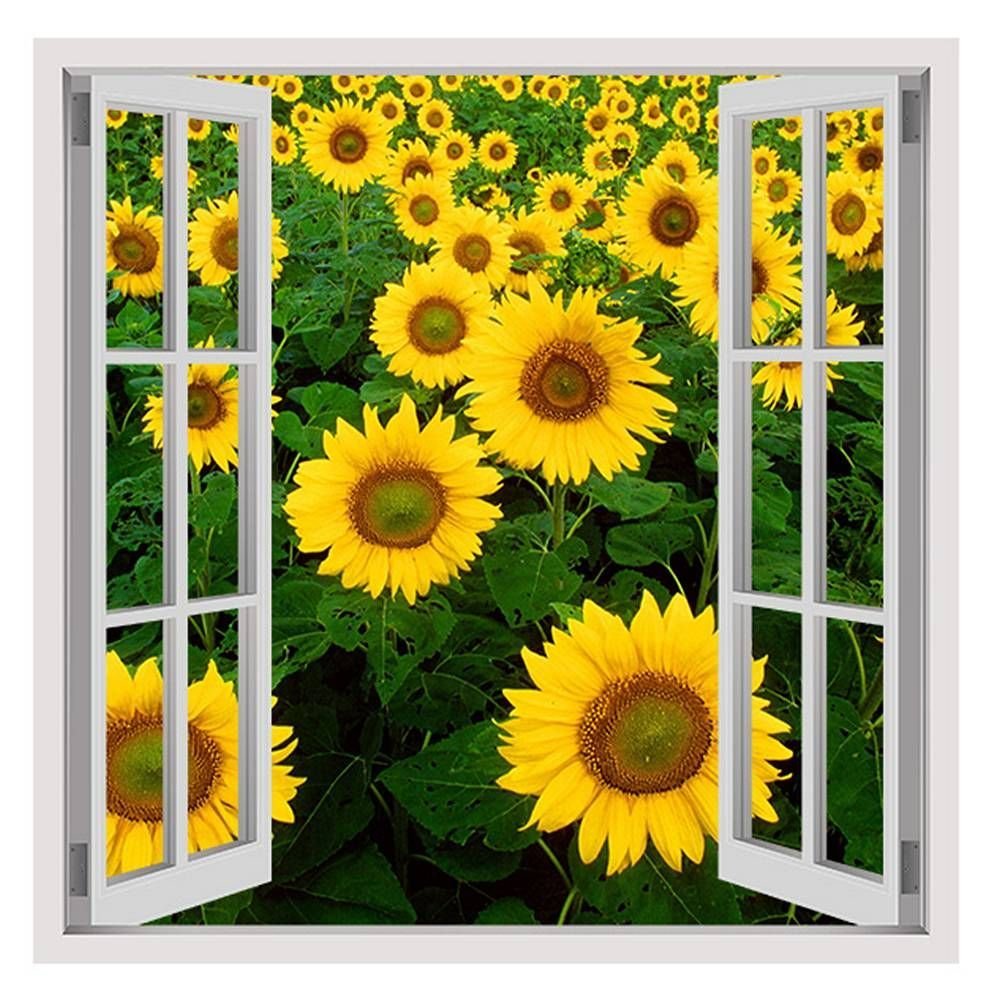 Alonline Art - Sunflower Field by Fake 3D Window | print on wall sticker vinyl decal (Rolled) | 12"x12" - 30x30cm | Wall art home decor for living room or for nursery | wallpaper picture artwork HD