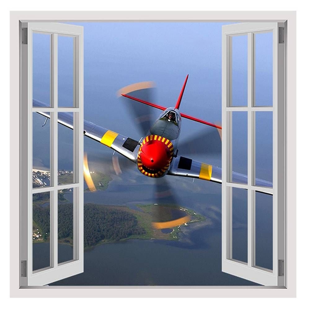 Alonline Art - Planes Propeller by Fake 3D Window | Print on Wall Sticker Vinyl Decal (Rolled) | 35"x35" - 89x89cm | Wall Art Home Decor for Bedroom or for Bedroom | HD Picture Wallpaper Artwork