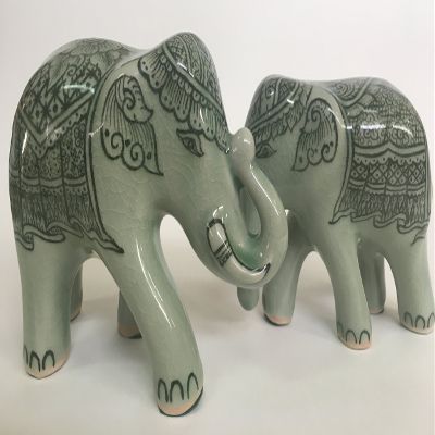 2 PCS Elephant Celadon Lanna Thai Hand Painted(Freehand) Under Nature Glazed Handmade Happy and Lucky