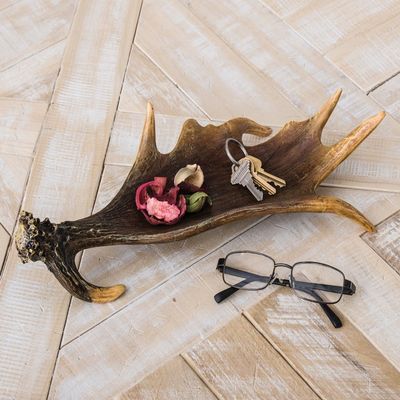 BLACK FOREST DECOR Moose Antler Resin Tray - Rustic Hand-Painted Lodge Catchall Dish - 15.5" x 6.5" x 3.25"