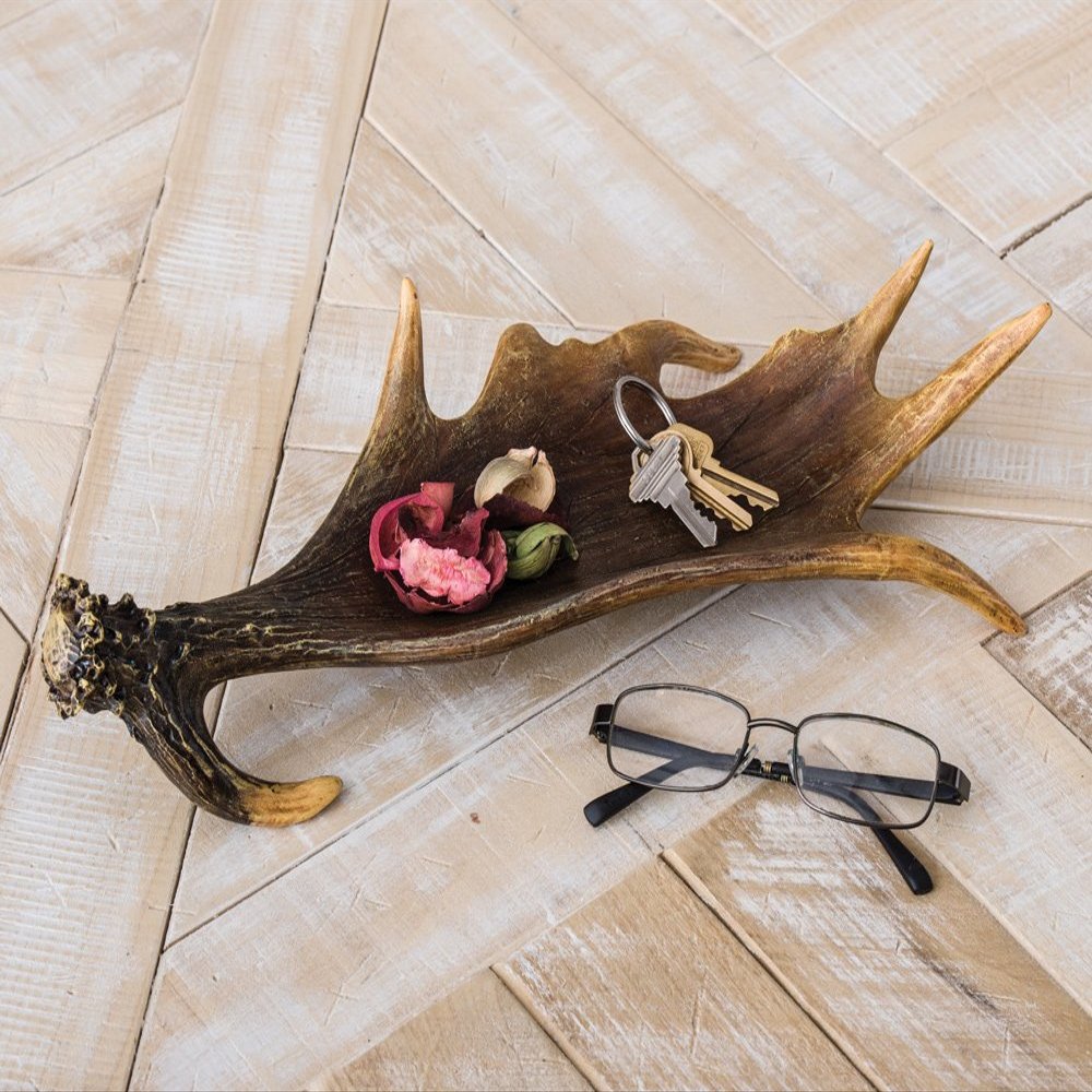 BLACK FOREST DECOR Moose Antler Resin Tray - Rustic Hand-Painted Lodge Catchall Dish - 15.5" x 6.5" x 3.25"