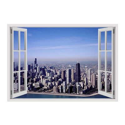 Alonline Art - Chicagos Skyline by Fake 3D Window | print on wall sticker vinyl decal (Rolled) | 22"x16" - 57x41cm | Wall art home decor for dining room or for kitchen | picture HD artwork wallpaper