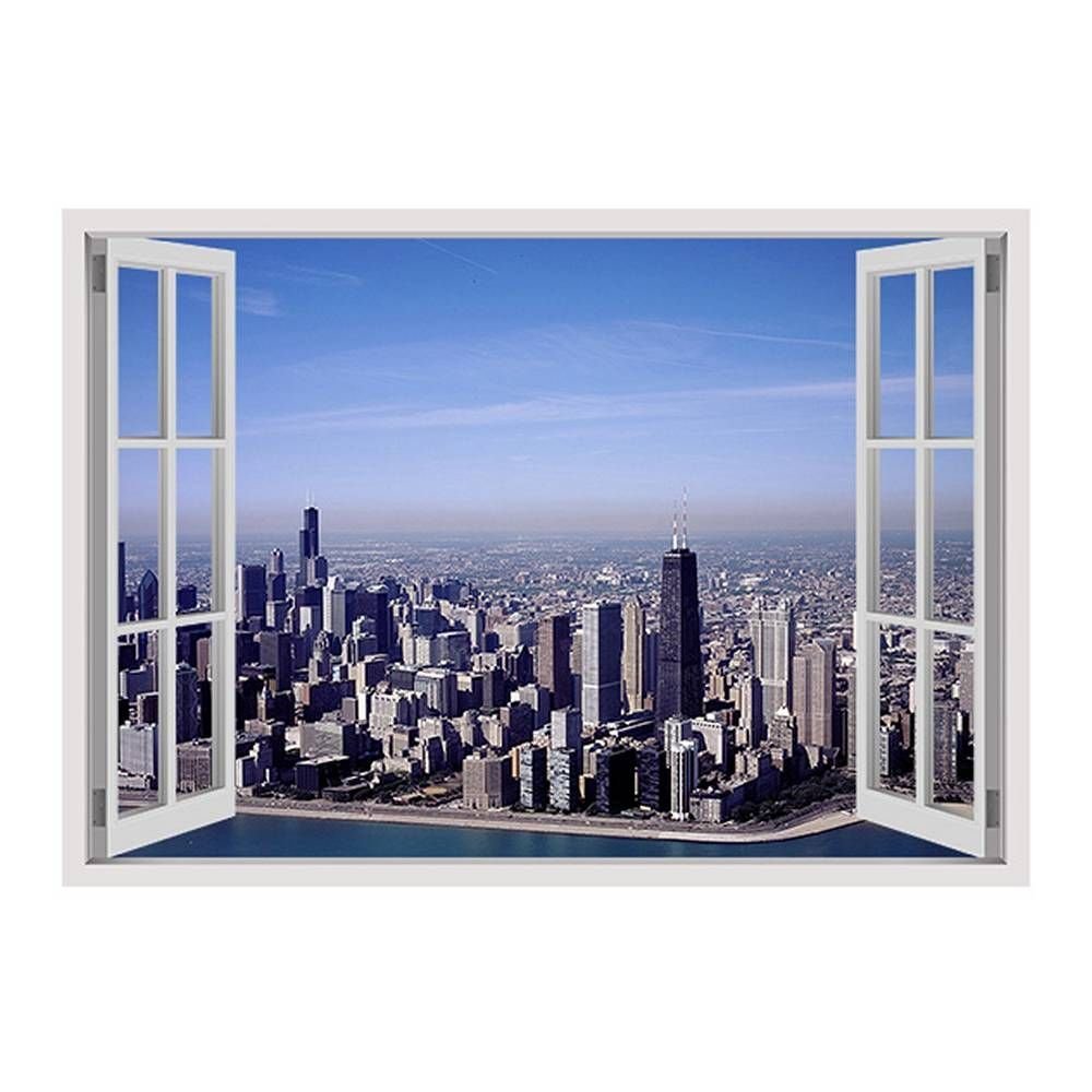 Alonline Art - Chicagos Skyline by Fake 3D Window | print on wall sticker vinyl decal (Rolled) | 22"x16" - 57x41cm | Wall art home decor for dining room or for kitchen | picture HD artwork wallpaper