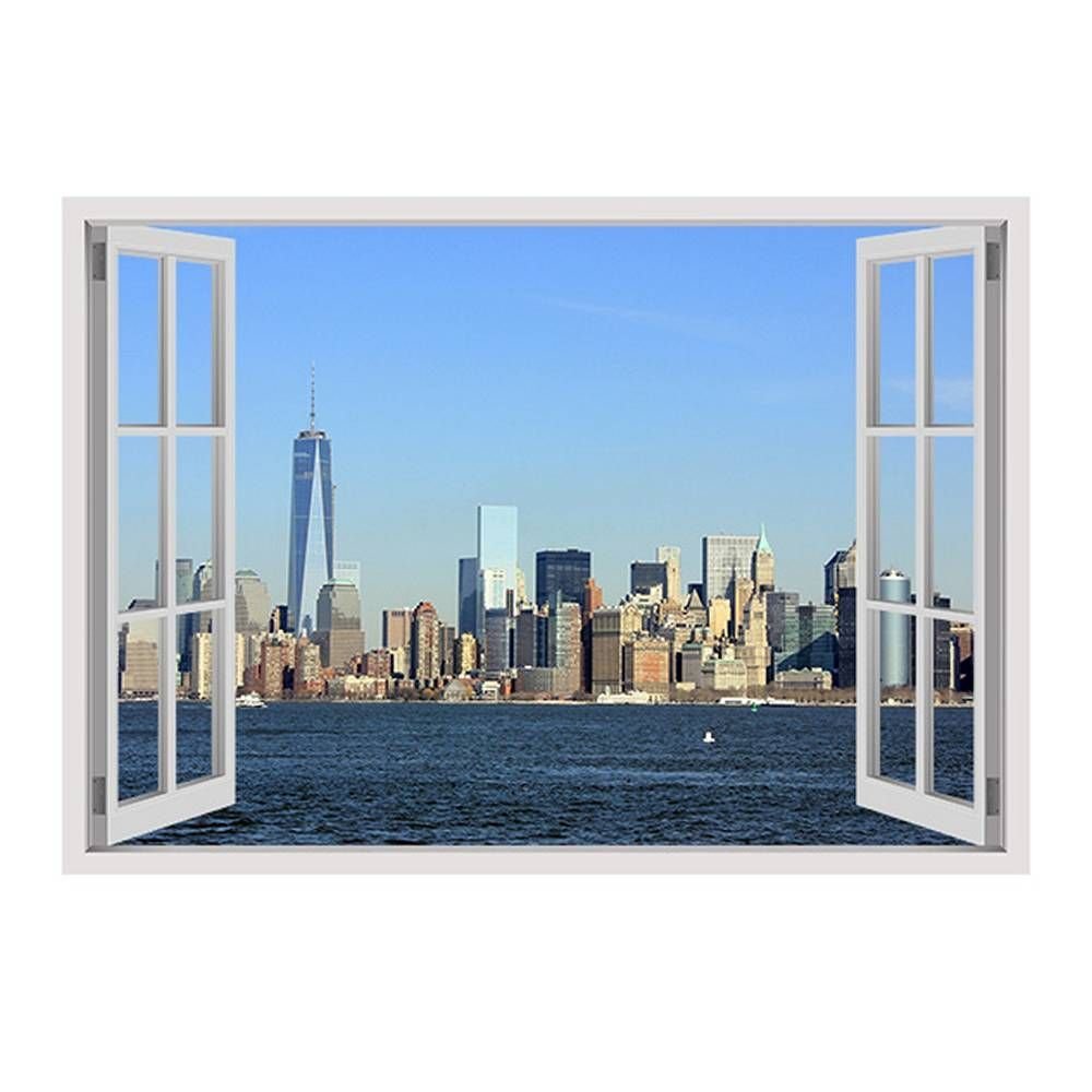 Alonline Art - Manhattan Skyline by Fake 3D Window | print on wall sticker vinyl decal (Rolled) | 49"x35" - 124x89cm | Wall art home decor for bedroom or for kitchen | HD wallpaper picture artwork