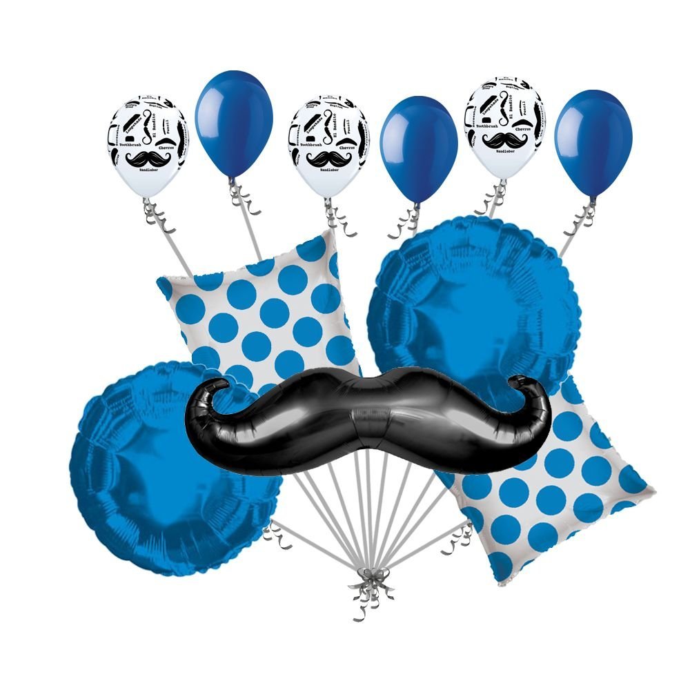 11 pc Mustache & Blue Dots Balloon Bouquet Happy Birthday Wedding Baby